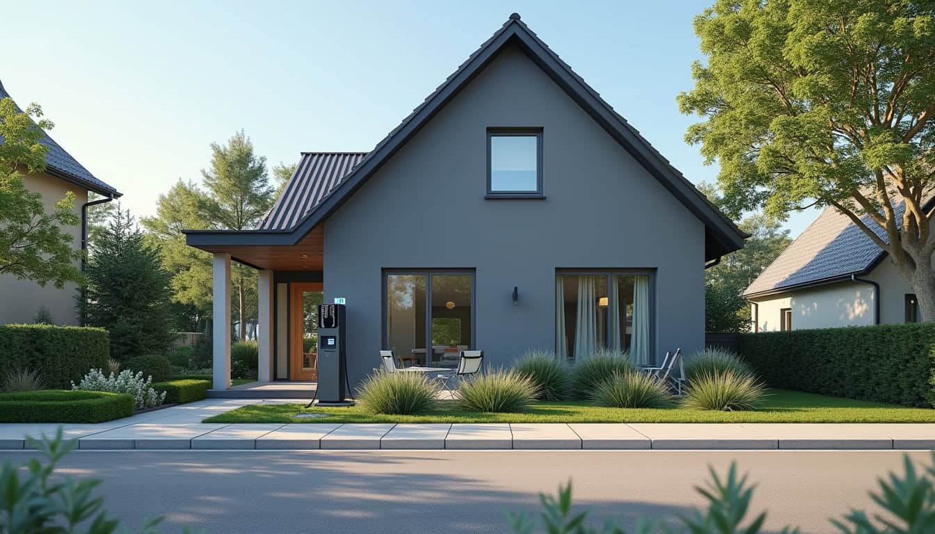 Borne de recharge électrique installée devant une maison à Argentan en journée