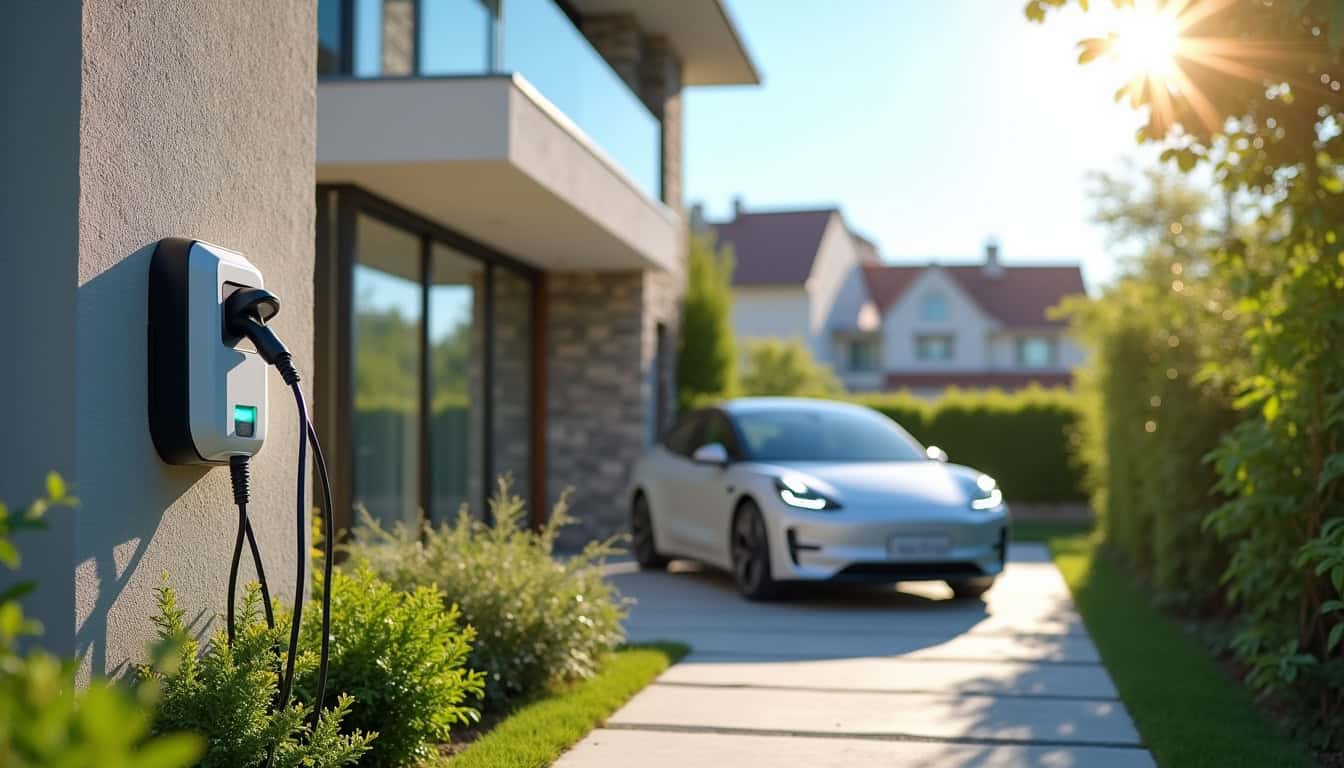 Borne de recharge électrique installée devant une maison à Artas en pleine journée