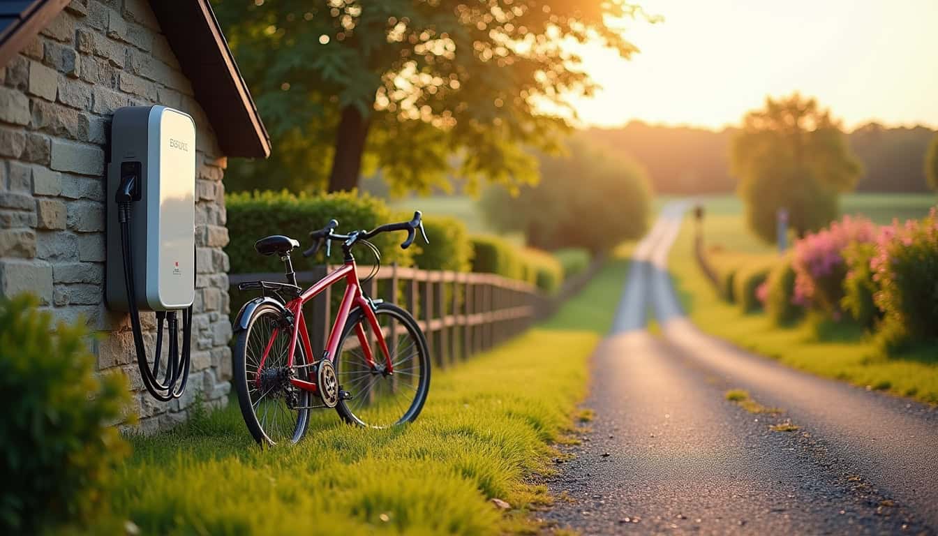 Borne de recharge électrique installée devant une maison à Beaumont-Louestault, en milieu rural