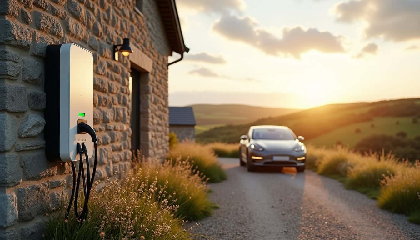 Borne de recharge électrique installée devant une maison à Beuzec-Cap-Sizun, en milieu rural