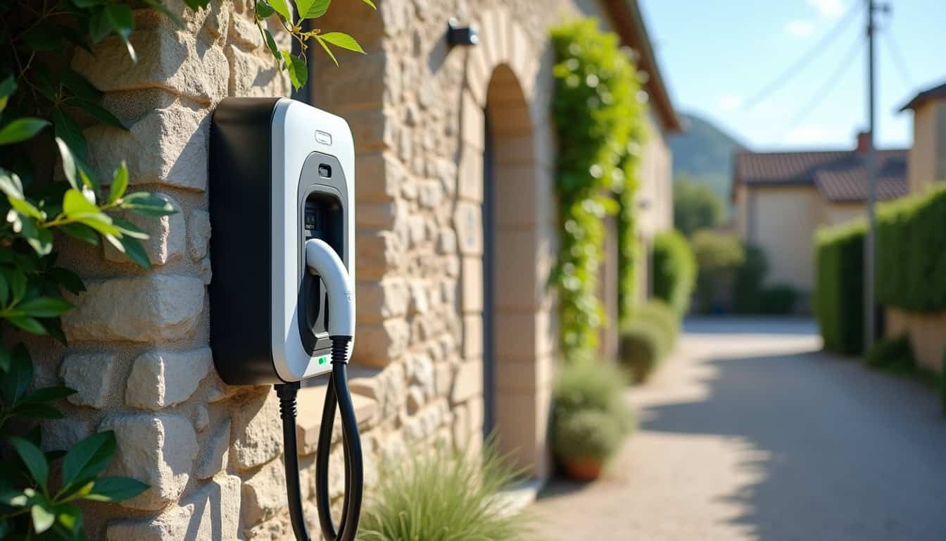 Borne de recharge électrique installée devant une maison à Coursan en plein jour