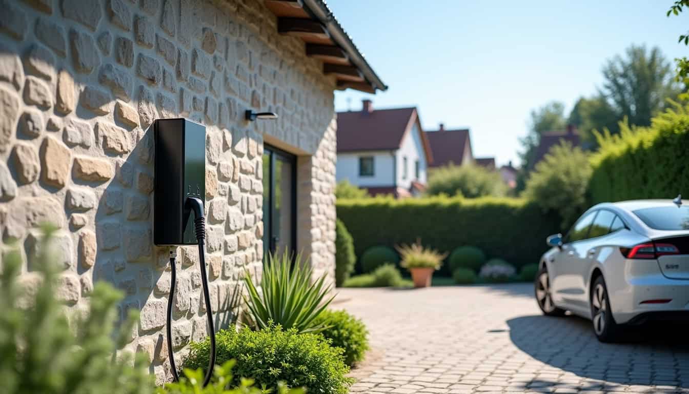 Borne de recharge électrique installée devant une maison à Dhuizon en plein jour
