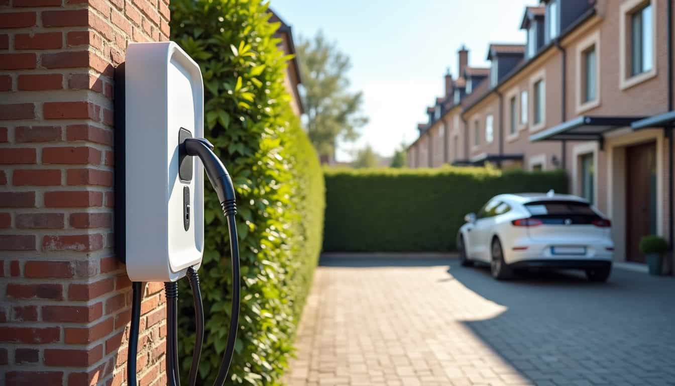 Borne de recharge électrique installée devant une maison à Douvres-la-Délivrande