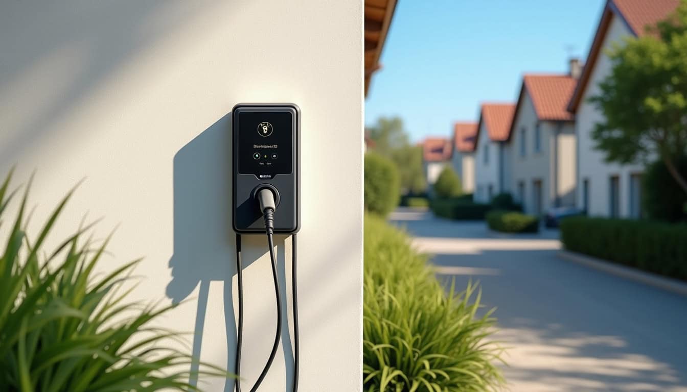 Borne de recharge électrique installée devant une maison à Guémar en plein jour