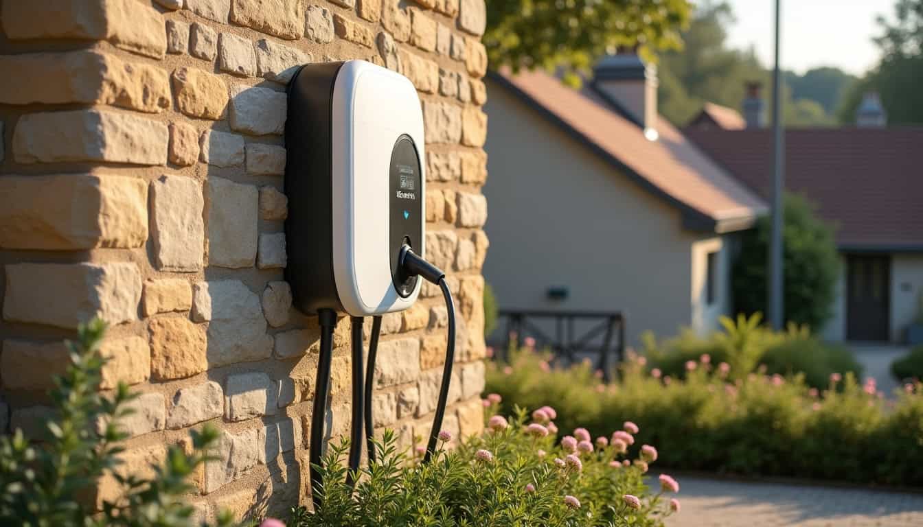 Borne de recharge électrique installée devant une maison à Huismes