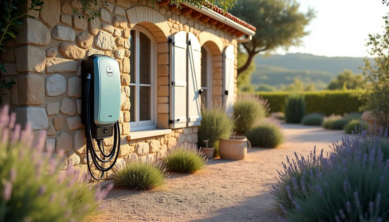 Borne de recharge électrique installée devant une maison à Laudun-l'Ardoise