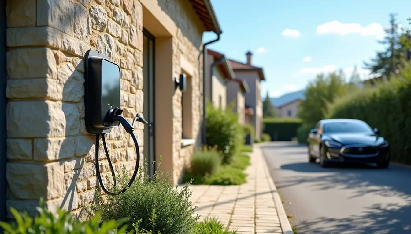 Borne de recharge électrique installée devant une maison à Martres-Tolosane en plein jour