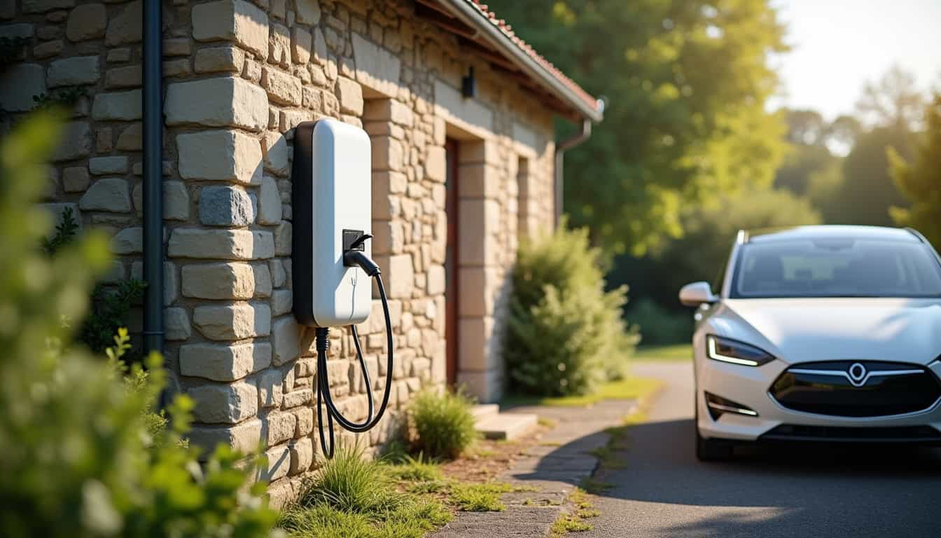 Borne de recharge électrique installée devant une maison à Monclar-de-Quercy en journée