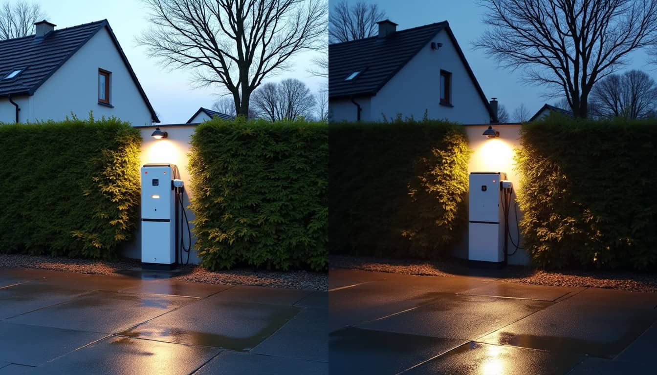 Borne de recharge électrique installée devant une maison à Noyal-Pontivy, vue de jour et de nuit