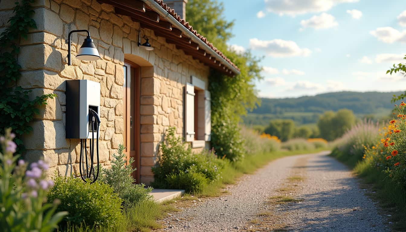 Borne de recharge électrique installée devant une maison à Orgueil, dans un environnement rural
