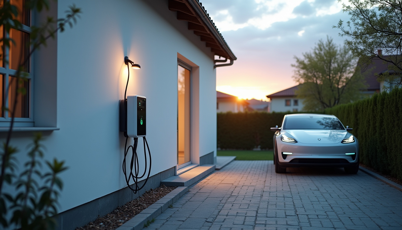 Borne de recharge électrique installée devant une maison à Remy, en milieu urbain paisible