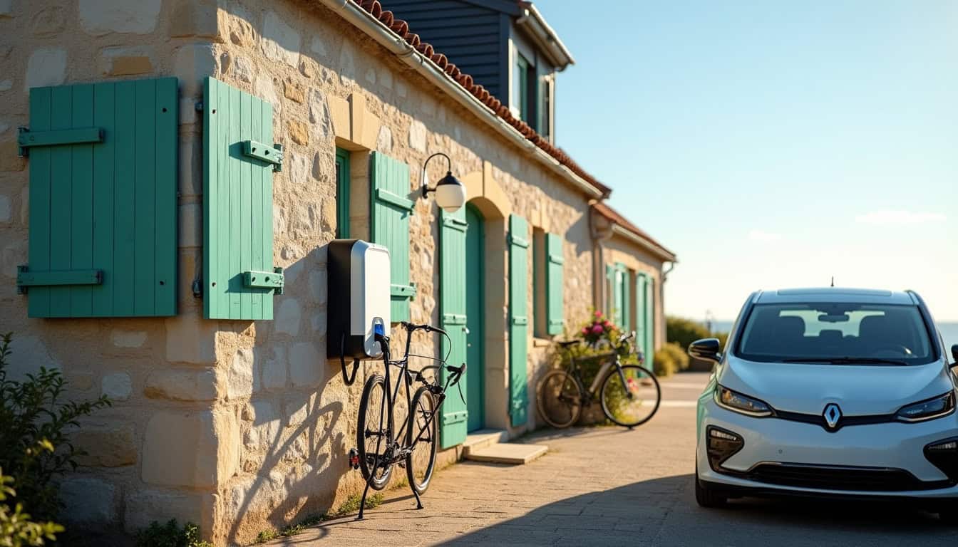 Borne de recharge électrique installée devant une maison à Roscoff