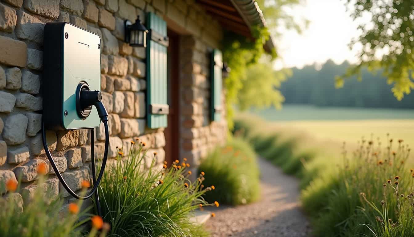 Borne de recharge électrique installée devant une maison à Rully, en milieu rural