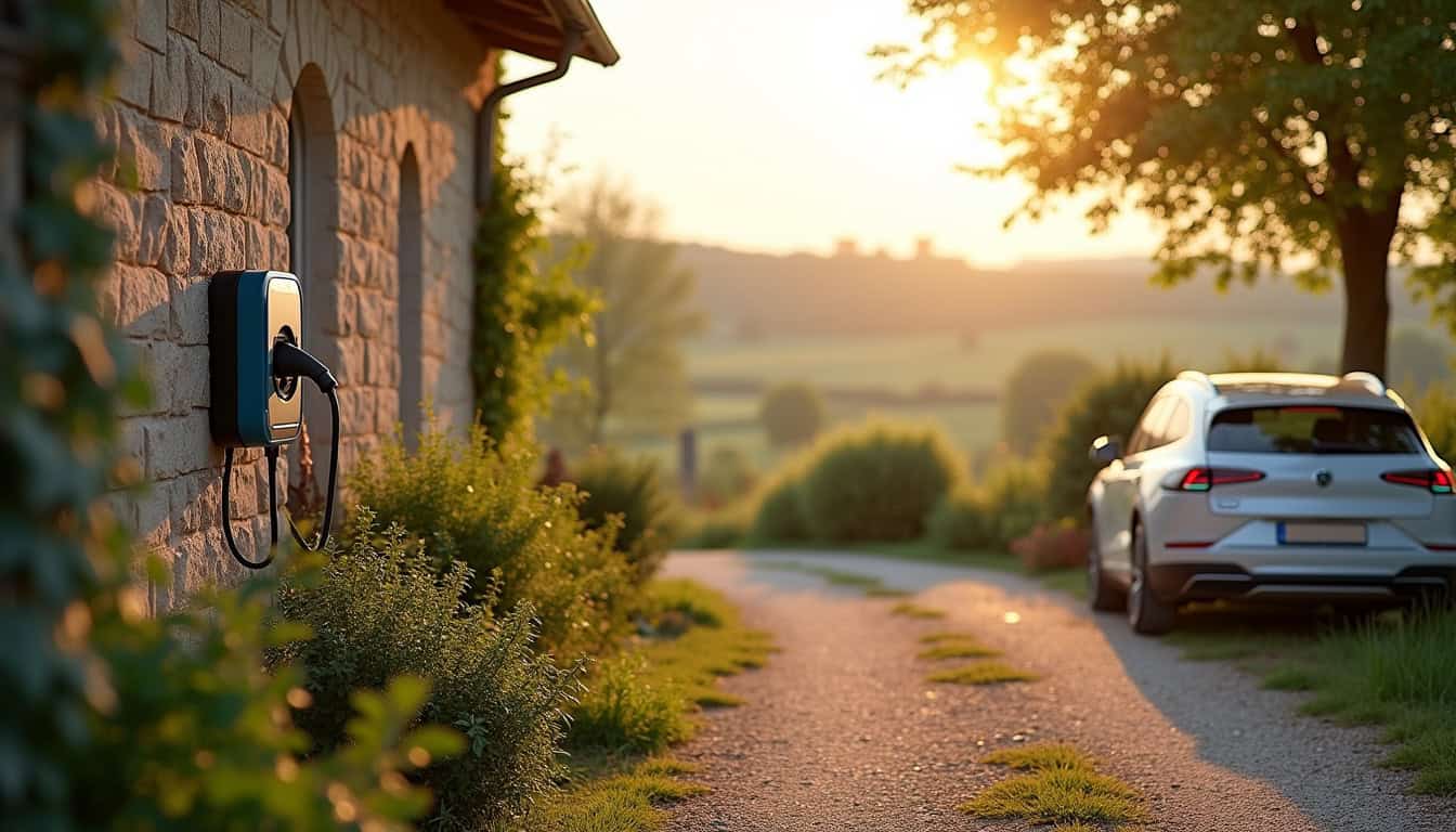 Borne de recharge électrique installée devant une maison à Thoissey, en milieu rural