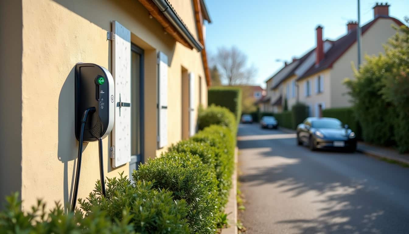 Borne de recharge électrique installée devant une maison à Vémars, en pleine journée
