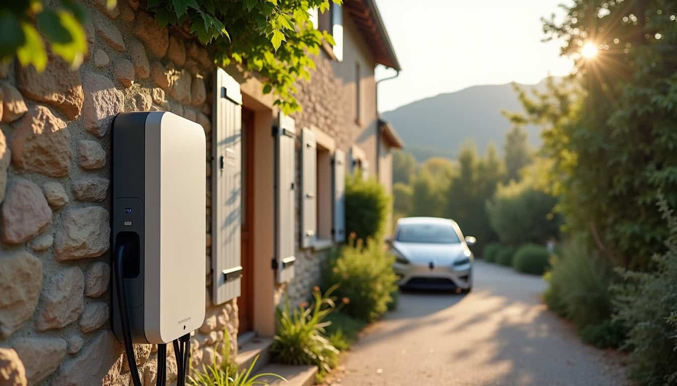 Borne de recharge électrique installée devant une maison à Villelongue-dels-Monts