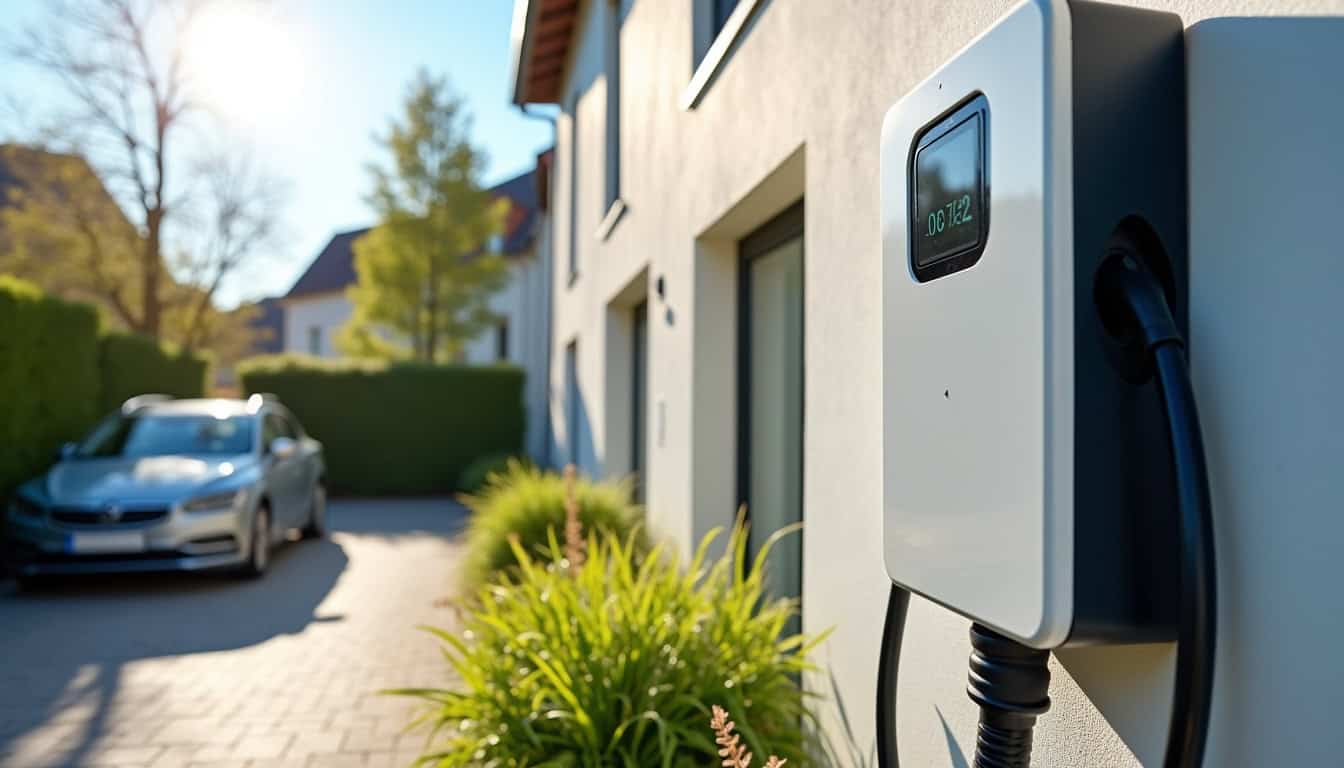 Borne de recharge électrique installée devant une maison en journée ensoleillée à Bressey-sur-Tille