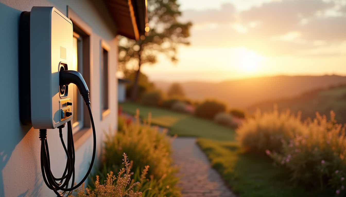 Borne de recharge électrique installée devant une maison en zone rurale