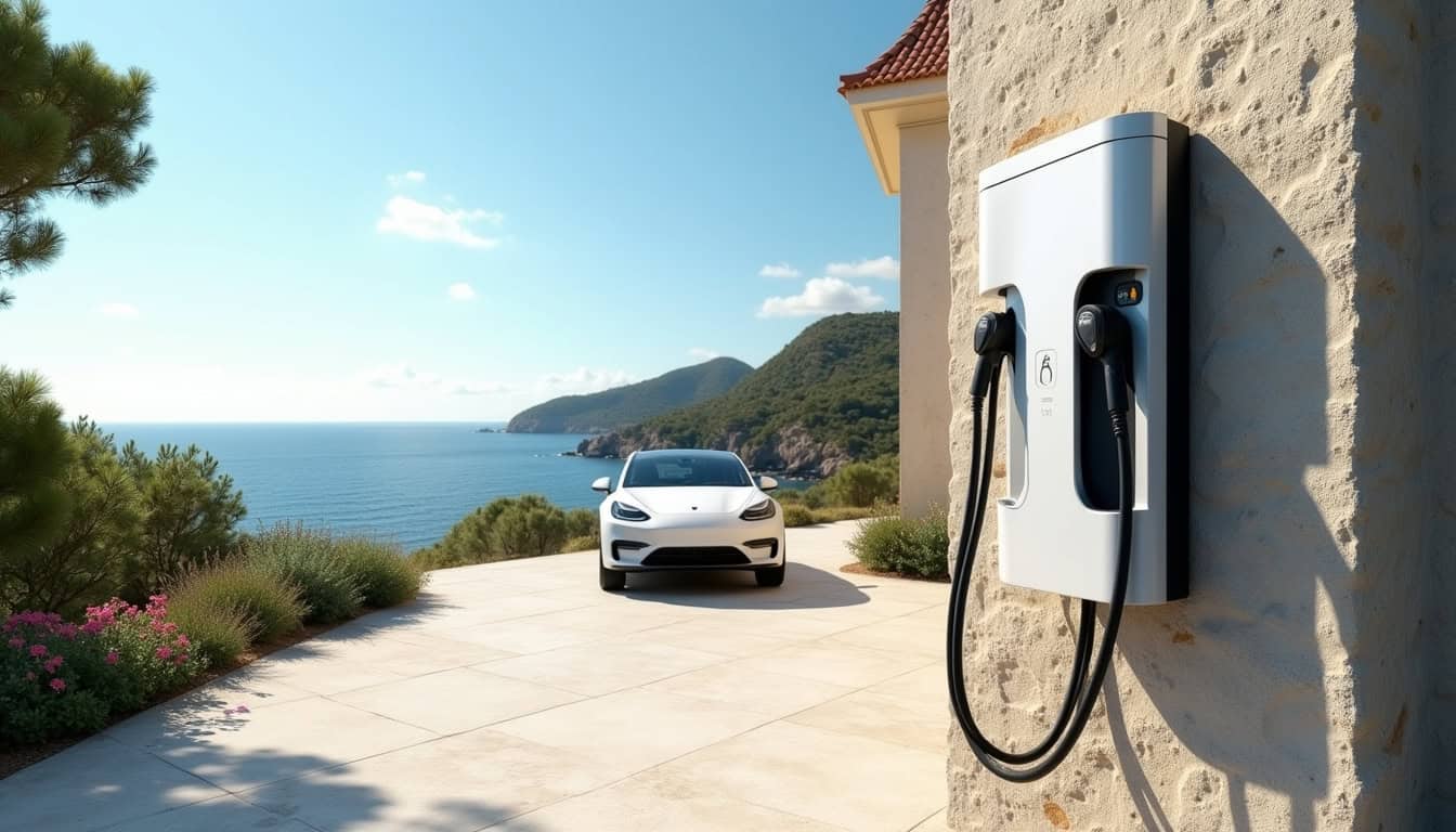 Borne de recharge électrique installée devant une villa à Toulon en plein jour, avec vue sur la mer au loin