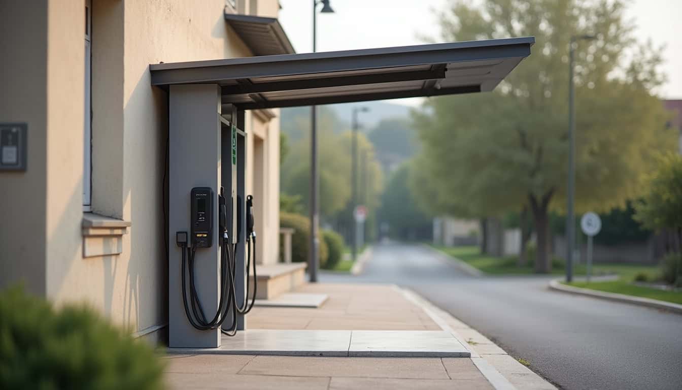 Borne de recharge électrique installée en extérieur à Dompaire, protégée par un auvent