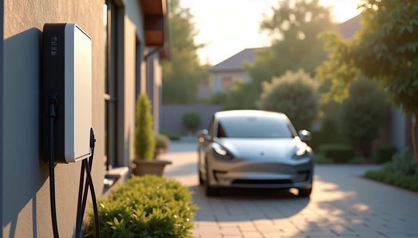 Borne de recharge électrique installée en extérieur à Guengat, montrant un câble branché sur un véhicule électrique