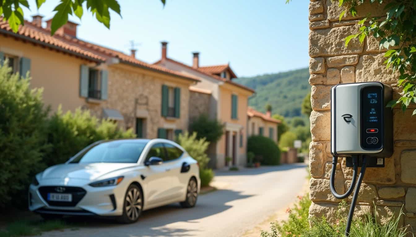 Borne de recharge électrique installée en extérieur à La Garde-Freinet, vue de jour avec le village en arrière-plan
