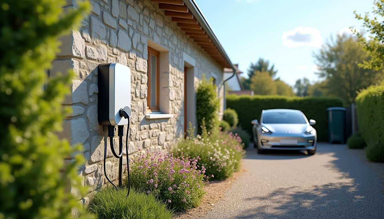 Borne de recharge électrique installée en extérieur à La Guerche-de-Bretagne pendant la journée