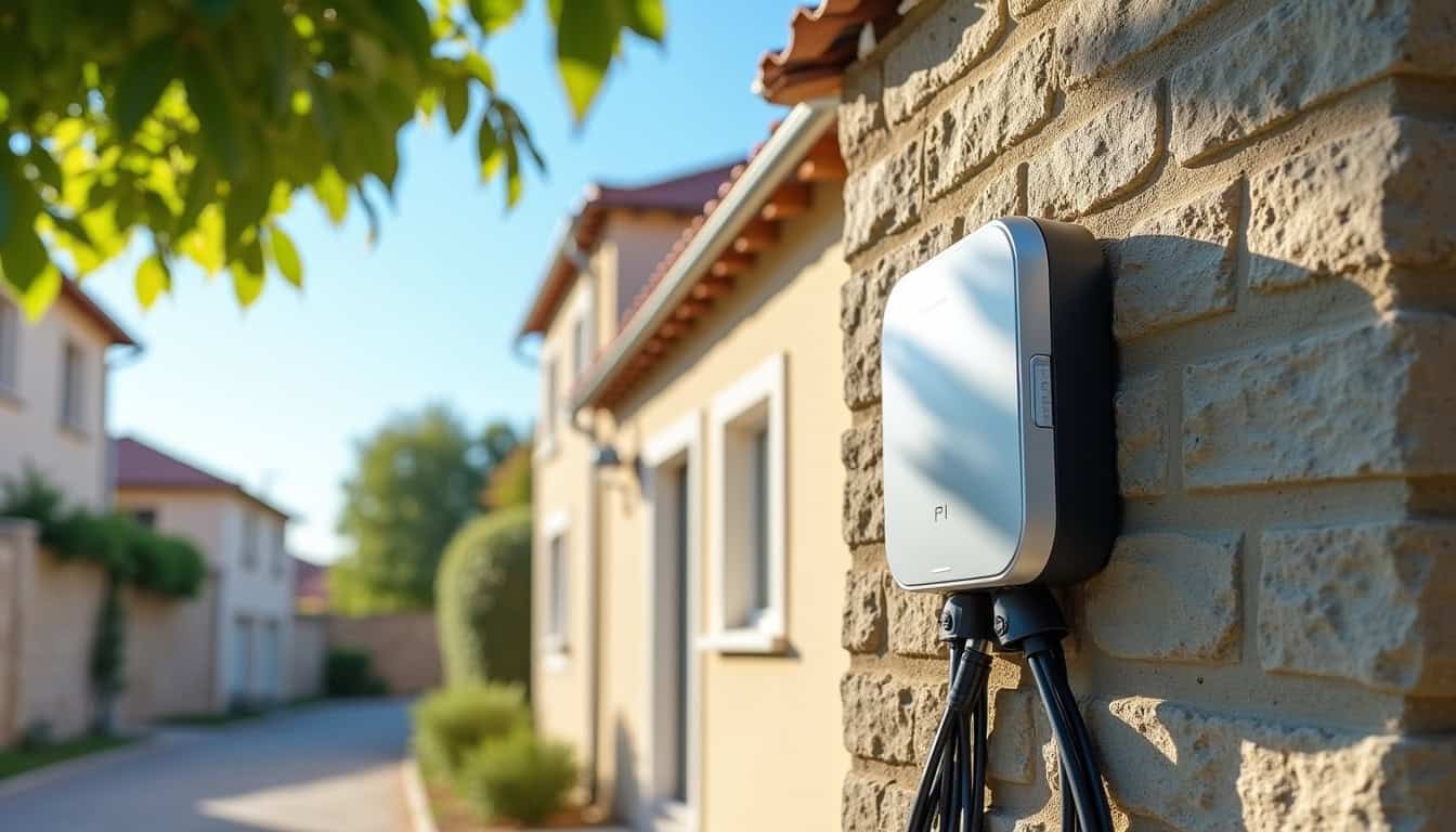 Borne de recharge électrique installée en extérieur à la lumière du jour, à Grisolles