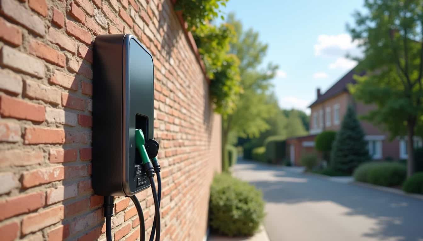Borne de recharge électrique installée en extérieur à la lumière du jour dans un quartier résidentiel de Saint-Mariens