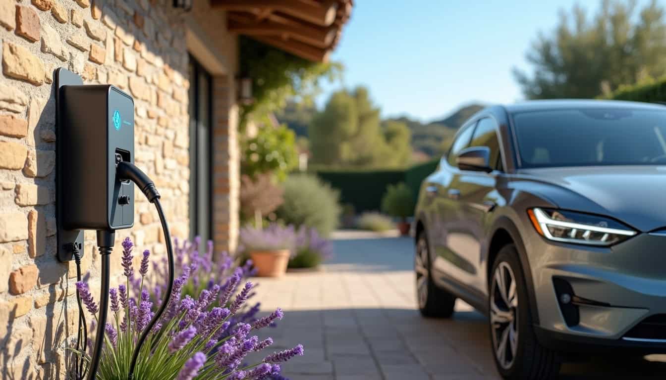 Borne de recharge électrique installée en extérieur à Langlade, vue de jour avec véhicule électrique branché