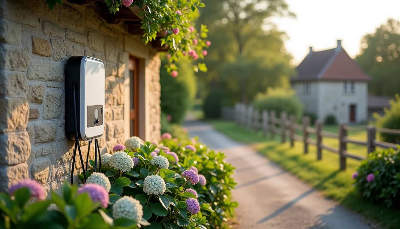 Borne de recharge électrique installée en extérieur à Saint-Gatien-des-bois, dans un cadre rural normand