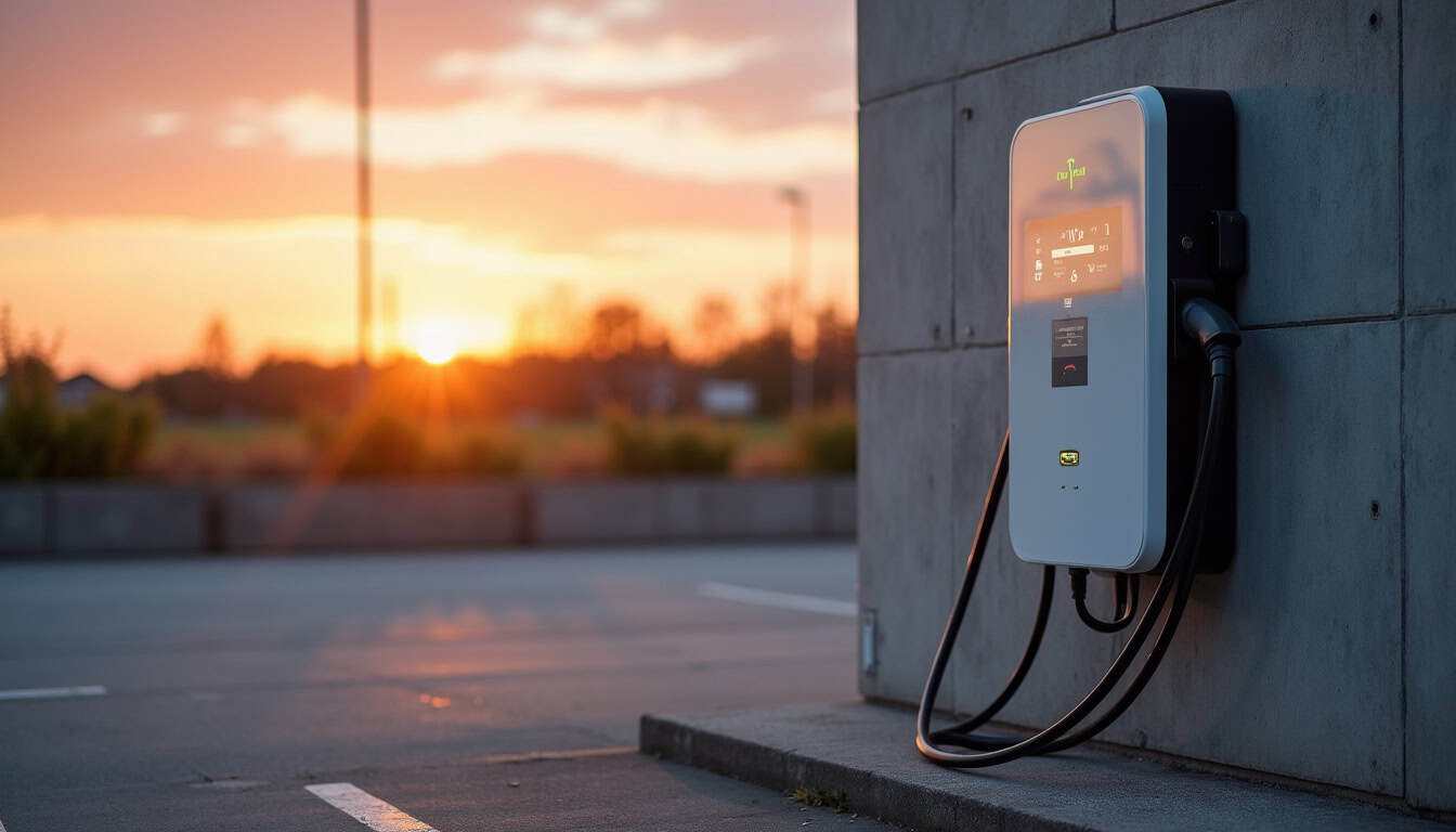 Borne de recharge électrique installée en extérieur à Saint-Jean-de-Marsacq, vue en fin de journée