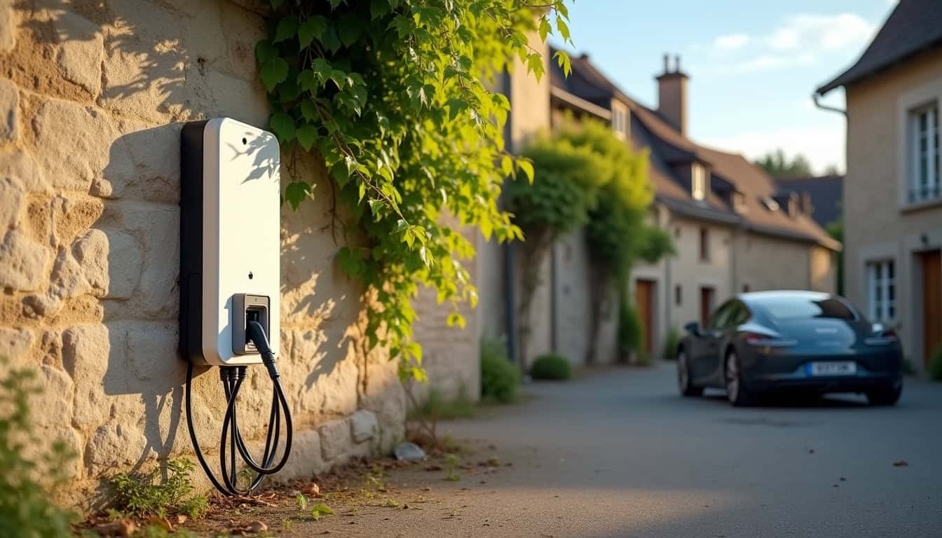 Borne de recharge électrique installée en extérieur à Saint-Léon, fixée sur un mur en pierre avec câble connecté à un véhicule électrique