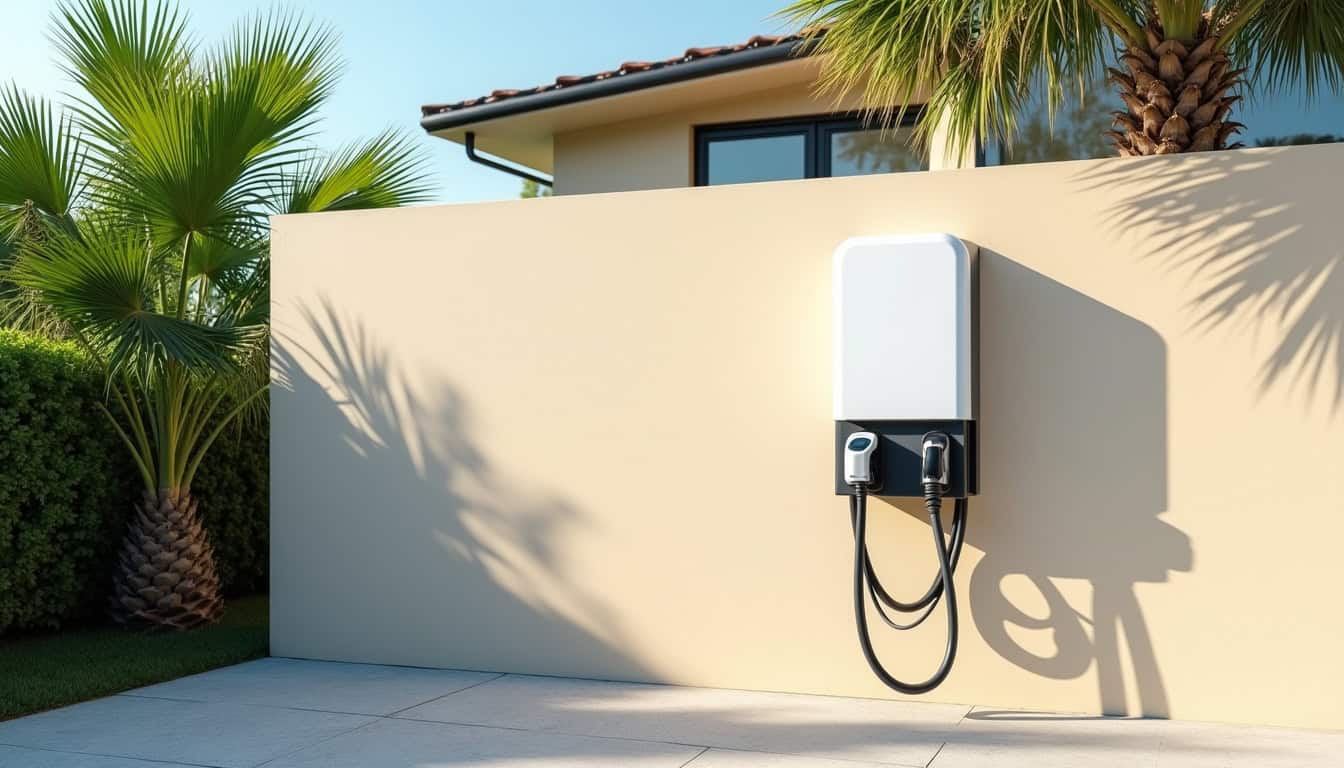 Borne de recharge électrique installée en extérieur à Schœlcher, en pleine journée sous le soleil