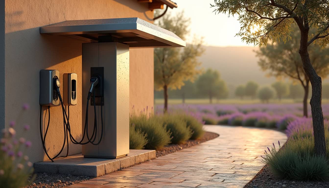 Borne de recharge électrique installée en extérieur avec protection contre les intempéries à Cairanne