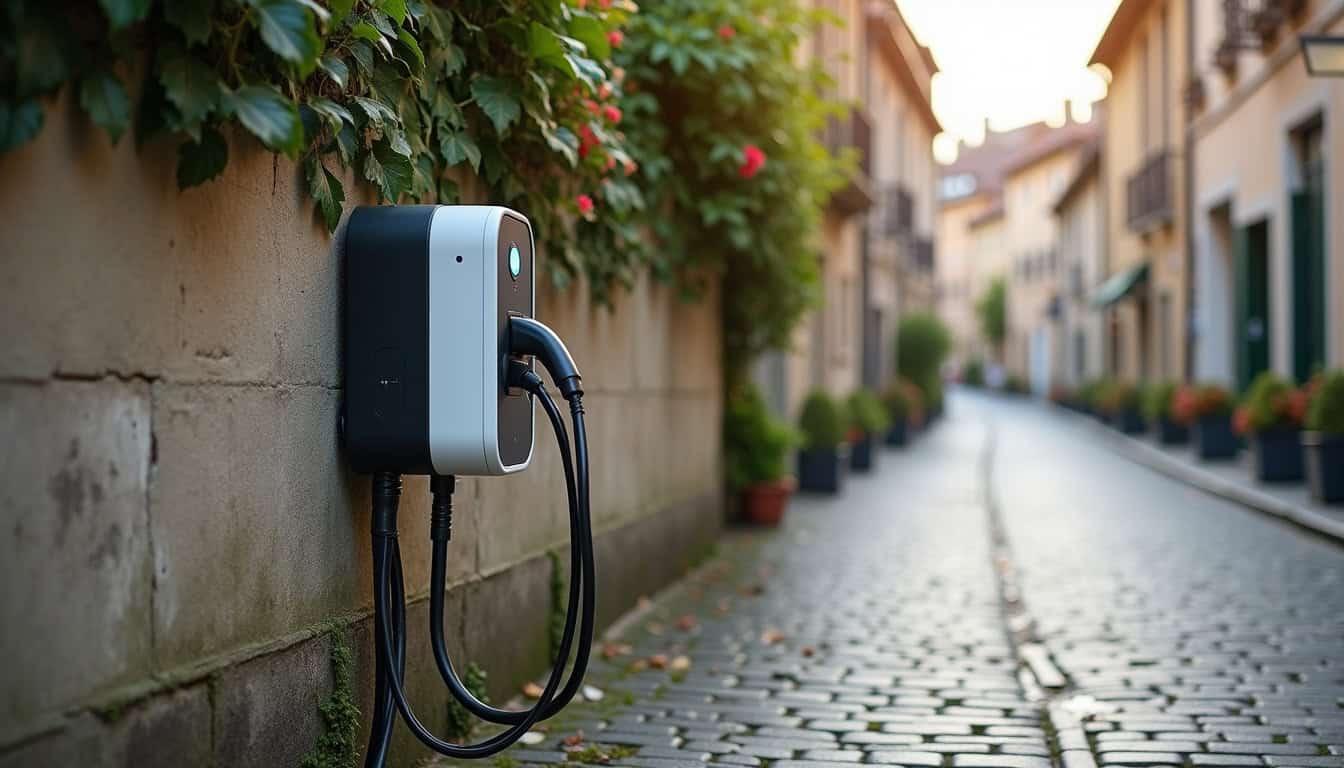 Borne de recharge électrique installée en extérieur dans la ville de Jugon-les-Lacs