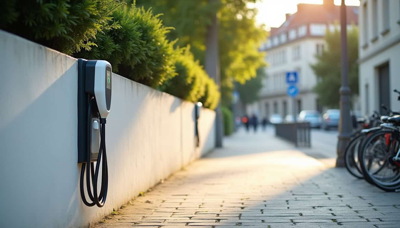 Borne de recharge électrique installée en extérieur dans un cadre urbain paisible