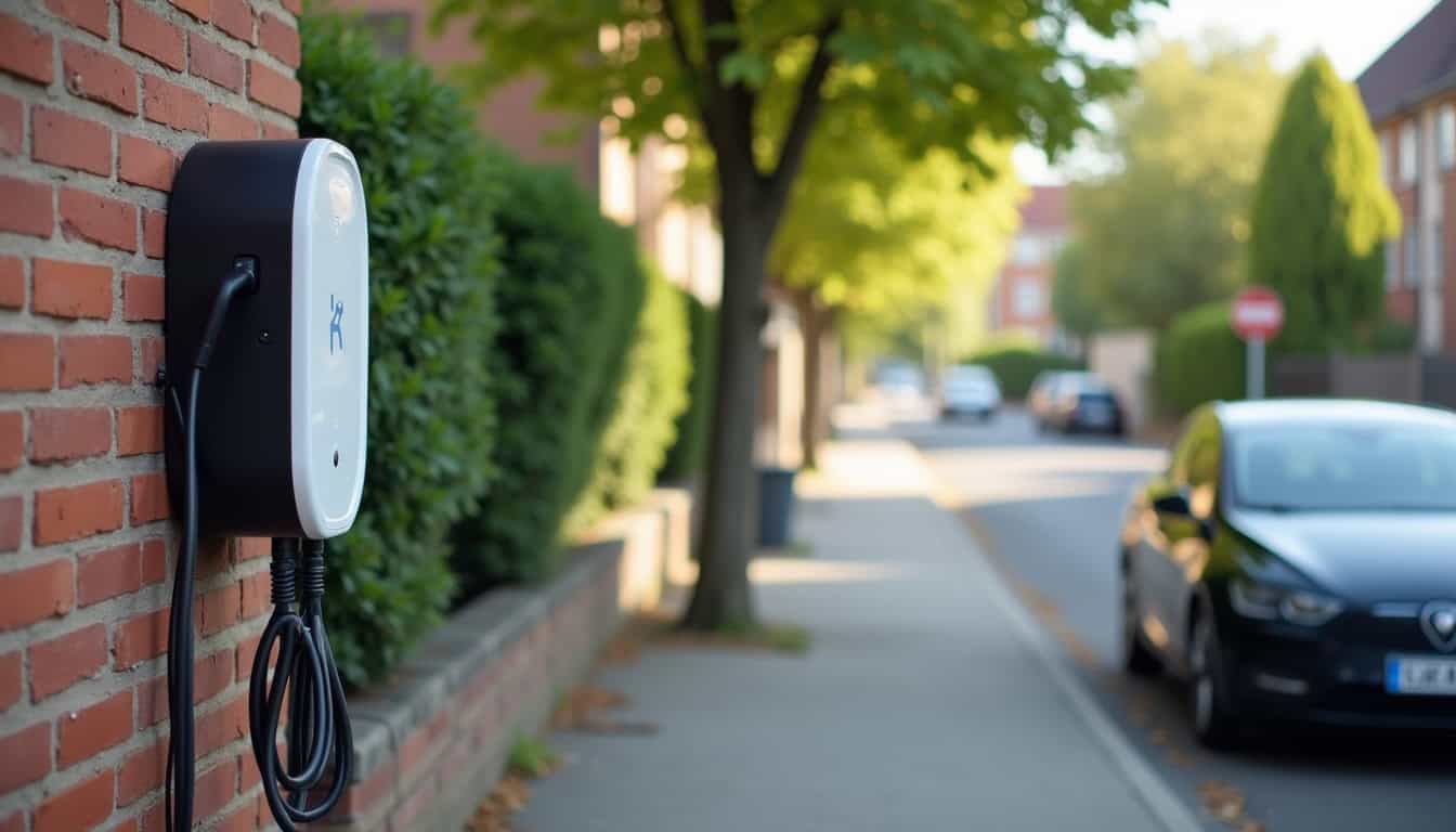 Borne de recharge électrique installée en extérieur dans une rue d'Aigremont