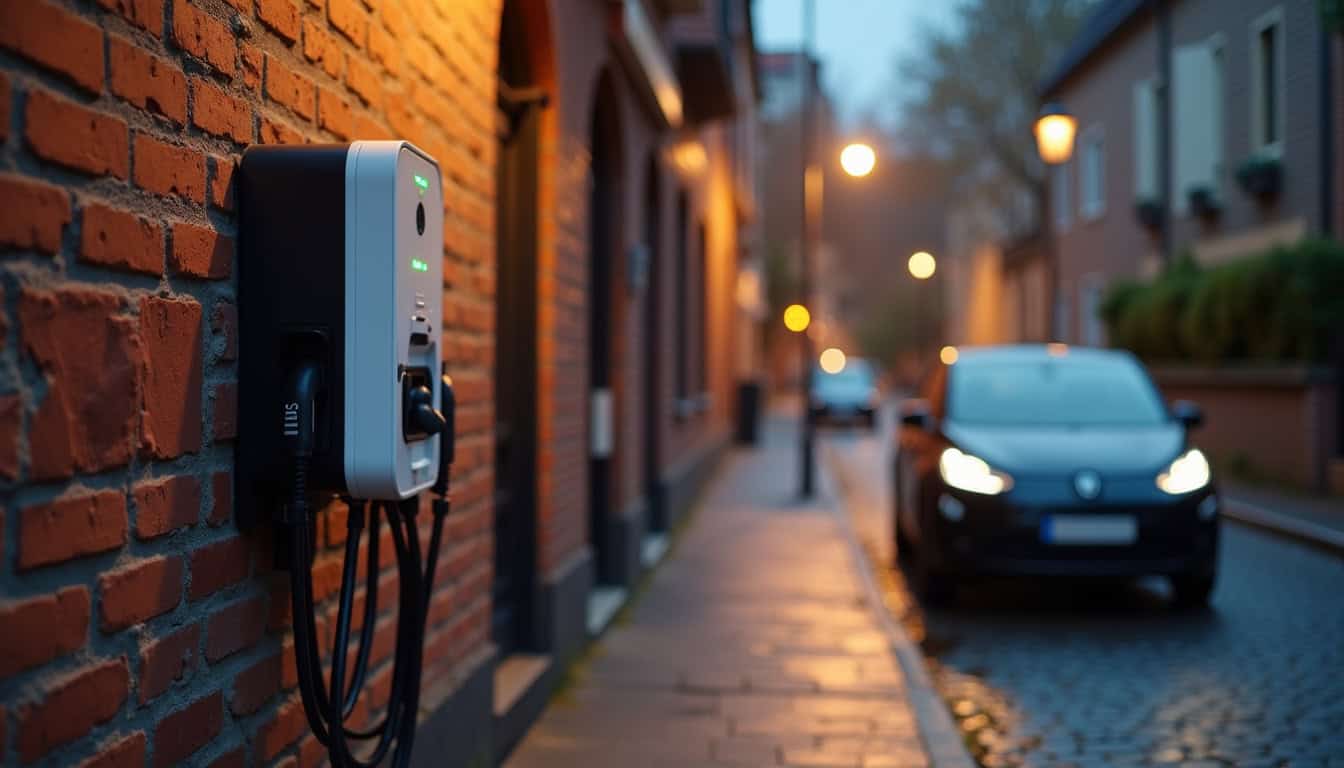 Borne de recharge électrique installée en extérieur dans une rue d'Anzin