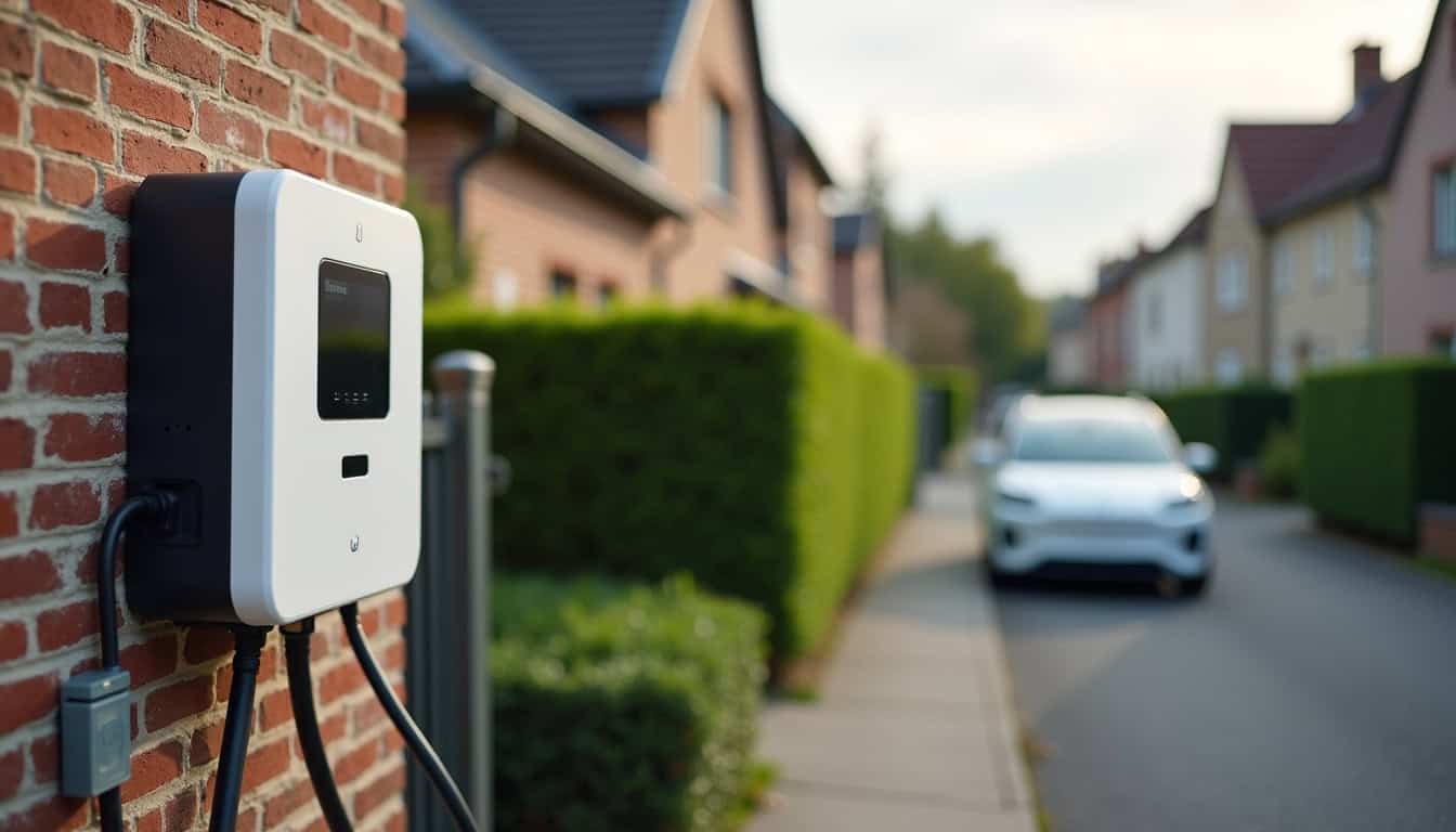 Borne de recharge électrique installée en extérieur devant un pavillon à Bures-sur-Yvette