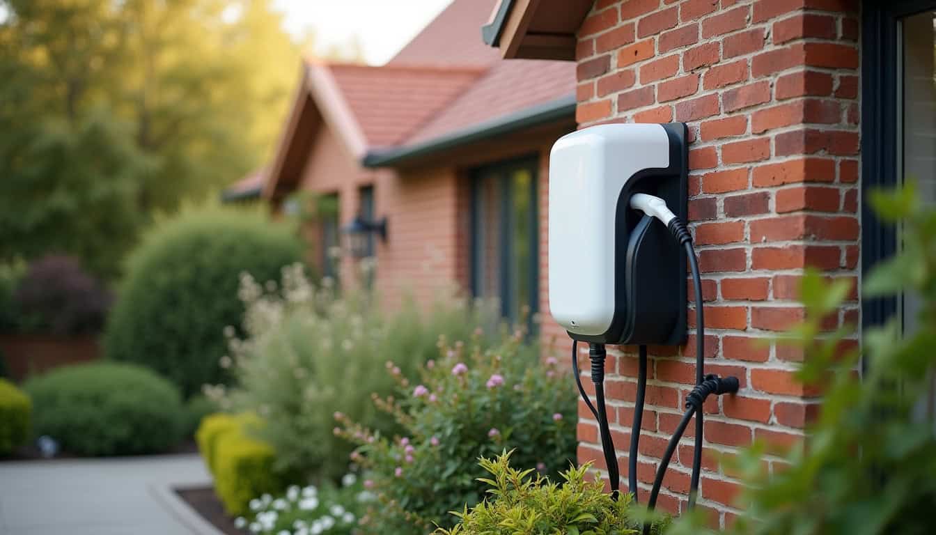 Borne de recharge électrique installée en extérieur, fixée sur un mur, dans un environnement résidentiel à Les Hauts d'Anjou