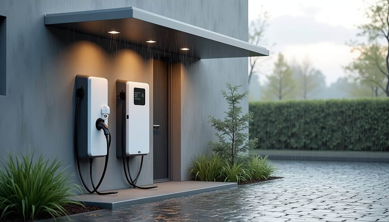 Borne de recharge électrique installée en extérieur, protégée des intempéries