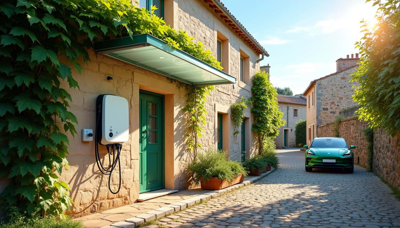 Borne de recharge électrique installée en extérieur, sous un abri, par une journée ensoleillée à Corneilla-la-Rivière