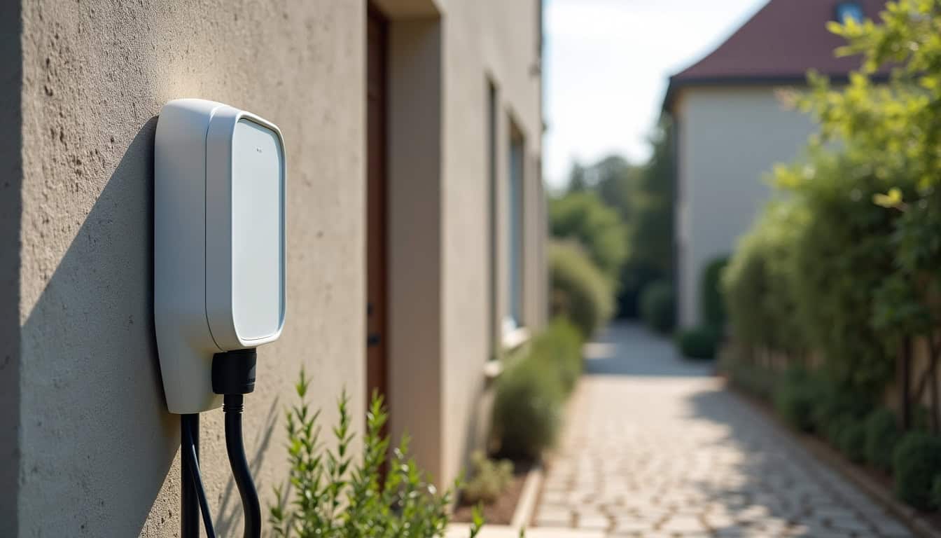 Borne de recharge électrique installée en extérieur sur un mur mitoyen à Espondeilhan