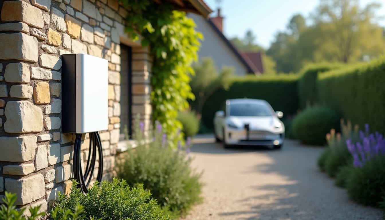 Borne de recharge électrique installée en journée à Lusigny-sur-Barse, dans un jardin résidentiel