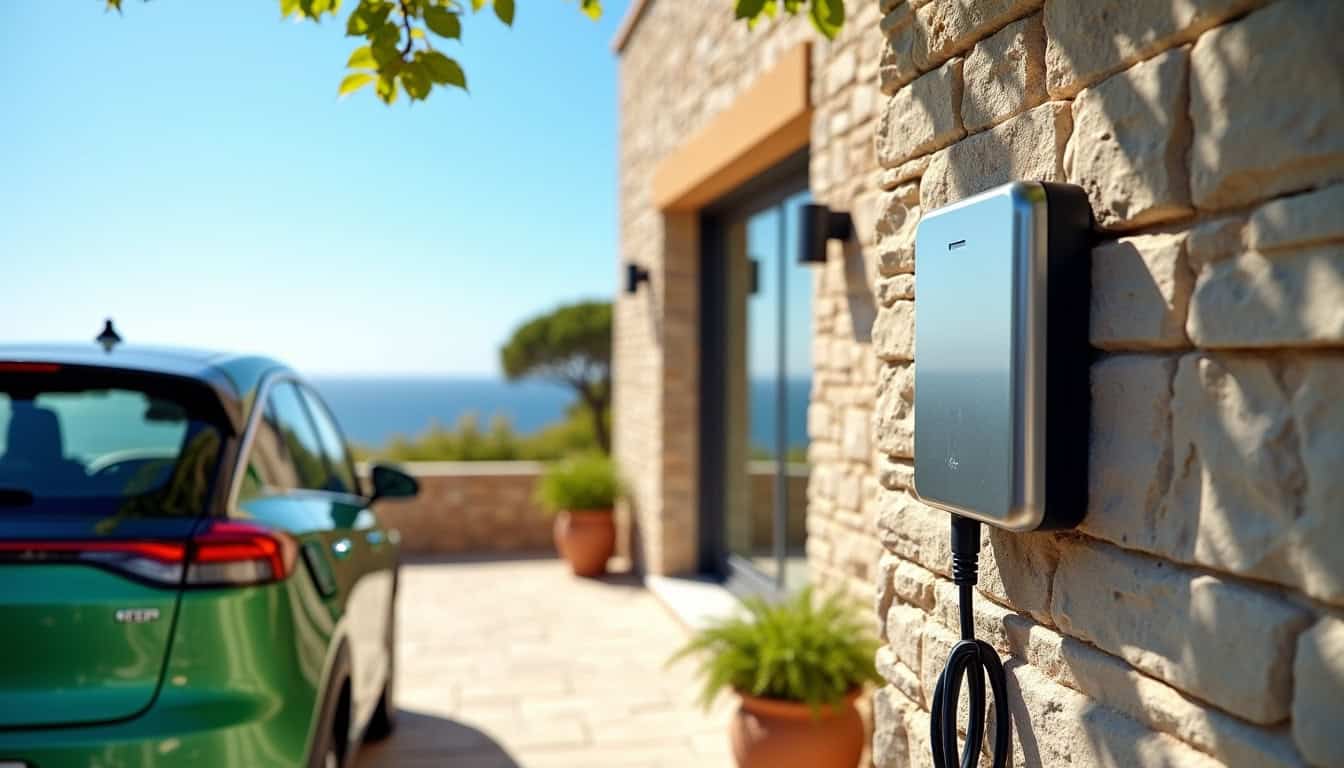 Borne de recharge électrique installée en plein jour à Bidart, vue d'ensemble du dispositif près d'un garage