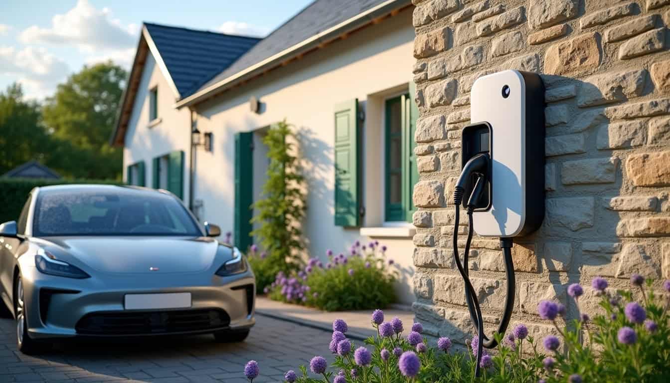Borne de recharge électrique installée en plein jour devant une maison à Saint-Hilaire-de-Clisson