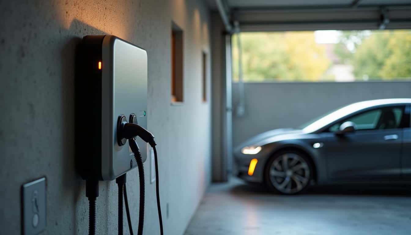 Borne de recharge électrique installée et en fonctionnement dans un garage à Bailly-Romainvilliers
