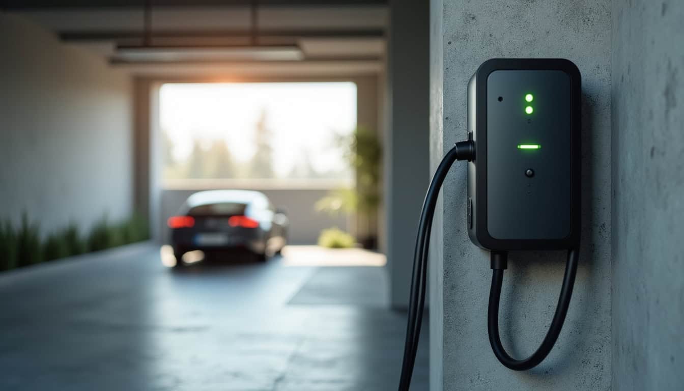 Borne de recharge électrique installée et en fonctionnement dans un garage