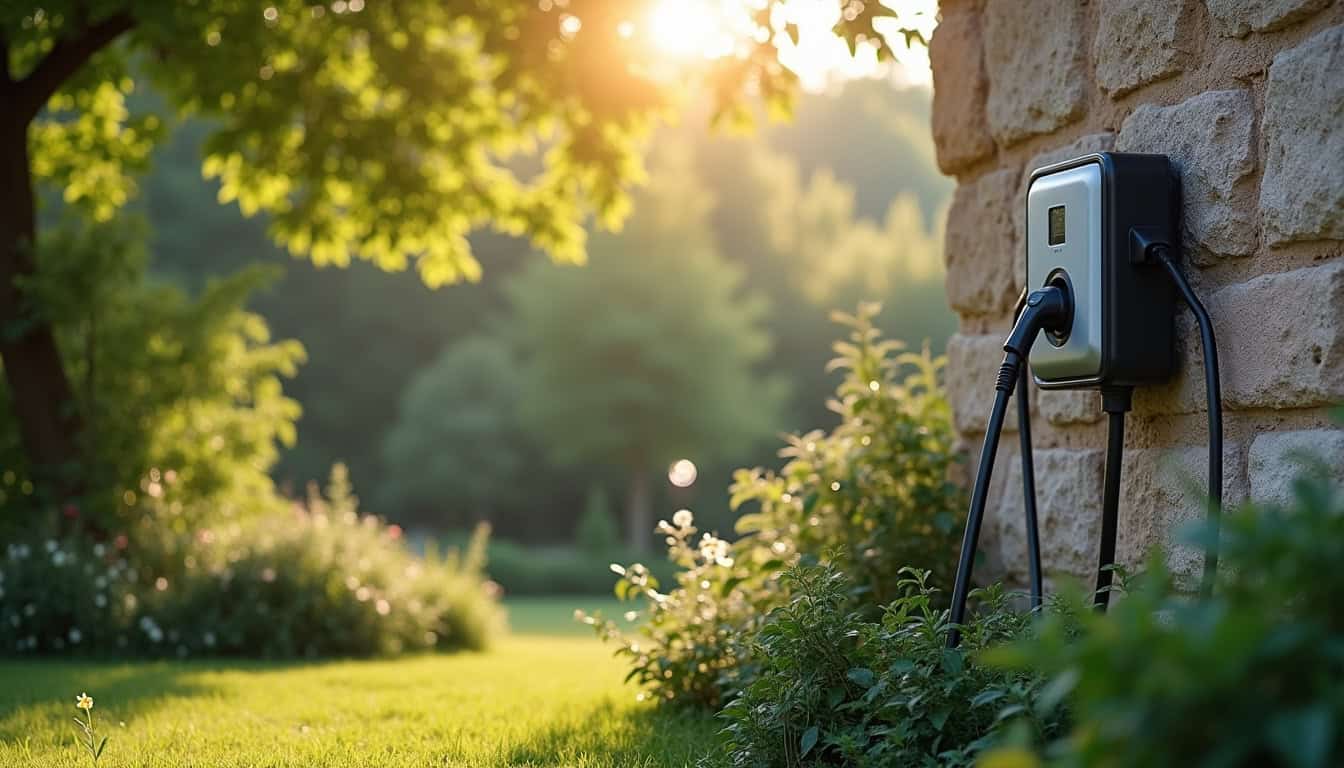 Borne de recharge électrique installée et fonctionnelle dans un jardin à Anglefort